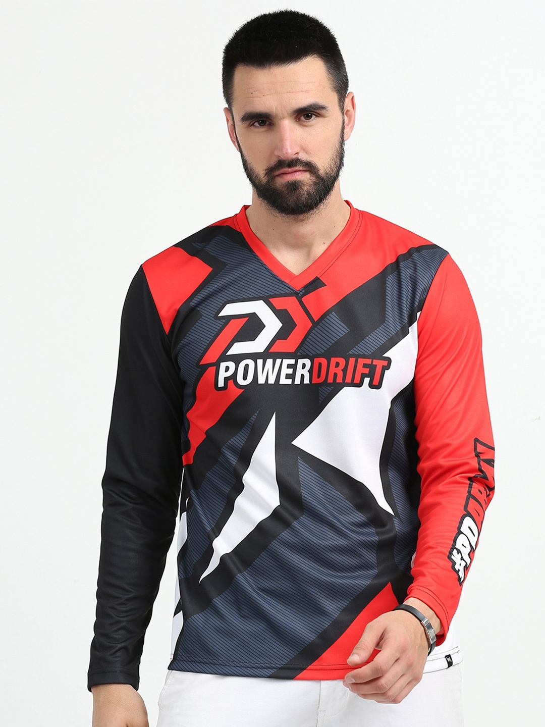 

WANDERLOOMS Typography Printed PowerDrift Jersey Riding Sports Tshirt, Red