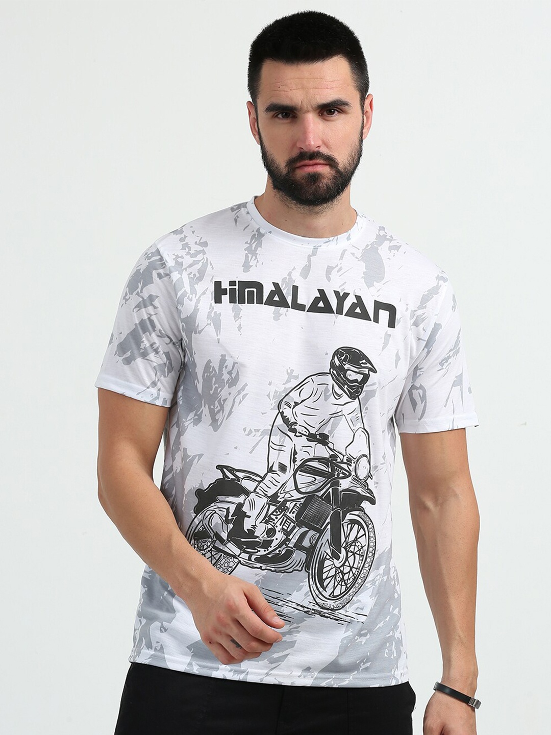

WANDERLOOMS Graphic Printed Round Neck Half Sleeve Cotton T-shirt, White