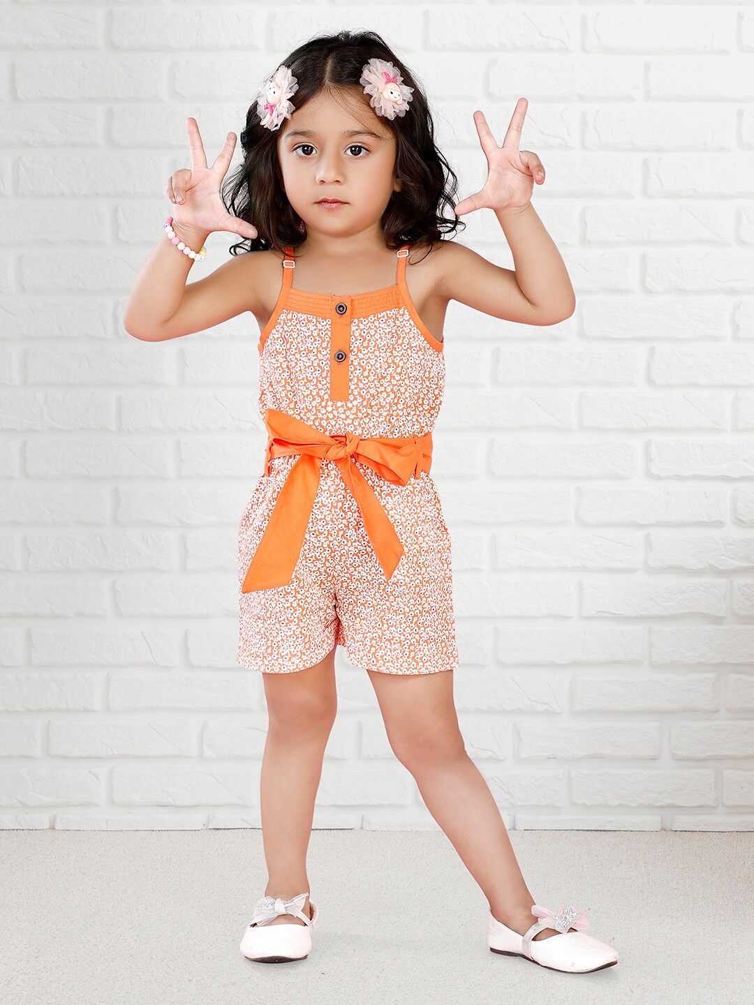 

Nino Bambino Girls Checked Square Neck Sleeveless Pure Cotton Playsuit, Orange