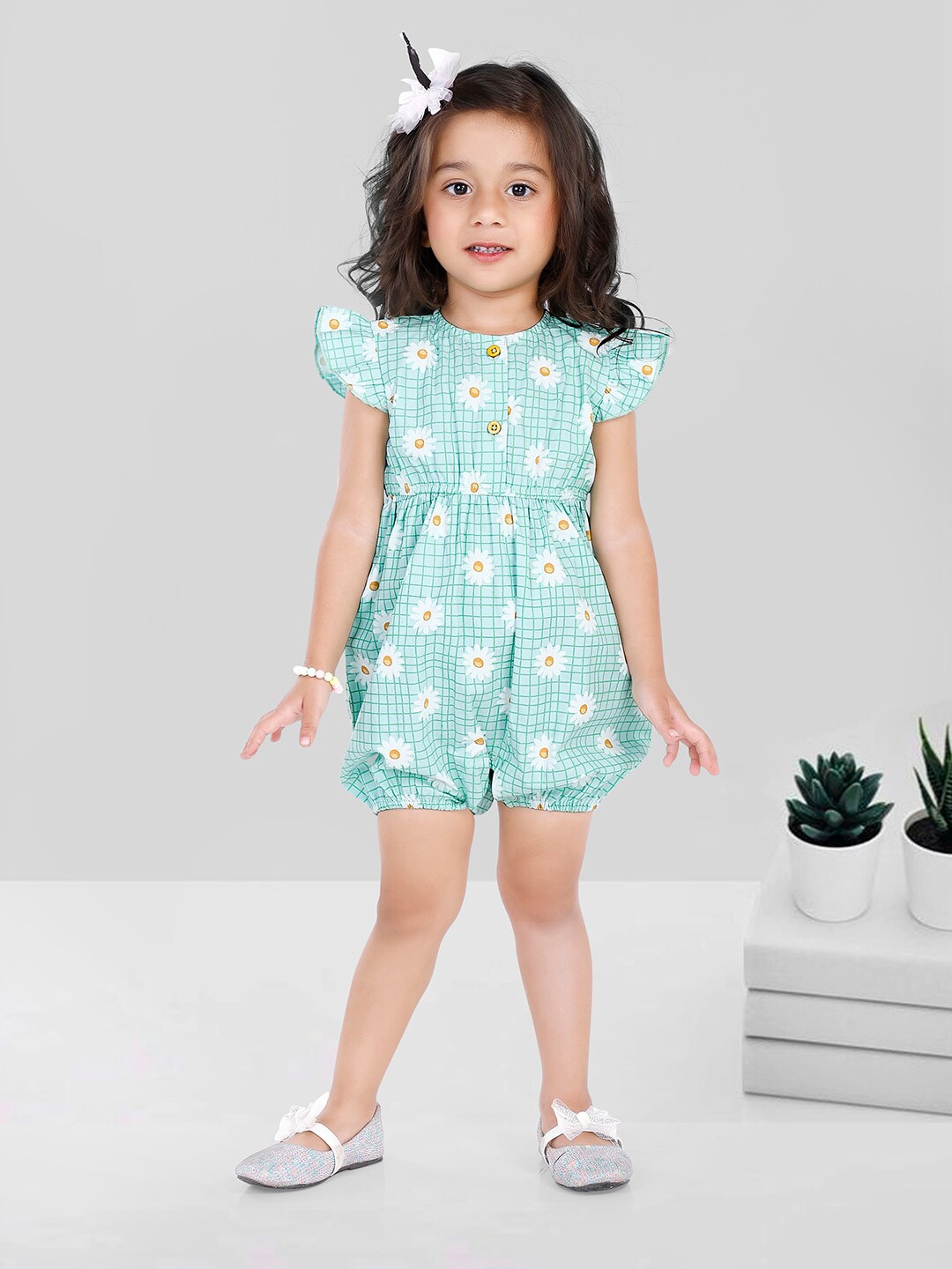 

Nino Bambino Girls Printed Pure Cotton Playsuit, Turquoise blue