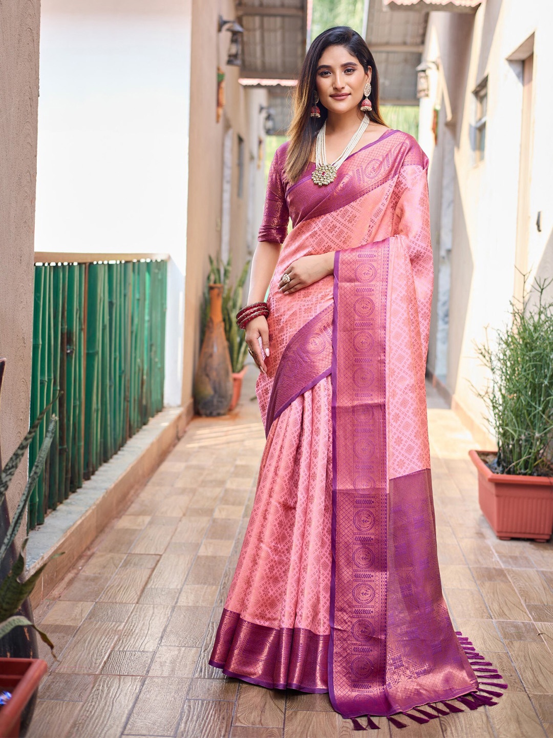 

LeeliPeeri Designer Ethnic Motifs Woven Design Zari Kanjeevaram Saree, Pink