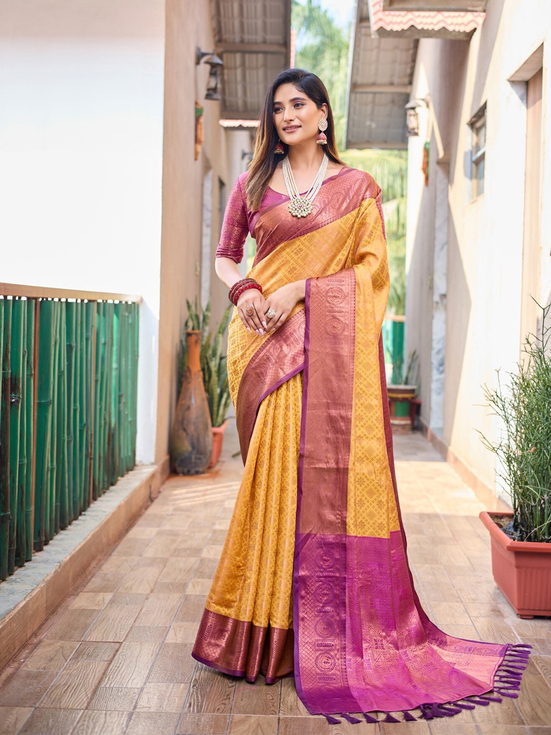 

LeeliPeeri Designer Ethnic Motifs Woven Design Zari Kanjeevaram Saree, Yellow