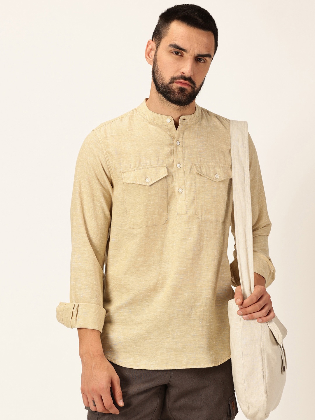 

Thomas Scott Men Premium Cotton Linen Slim Fit Opaque Casual Shirt, Khaki