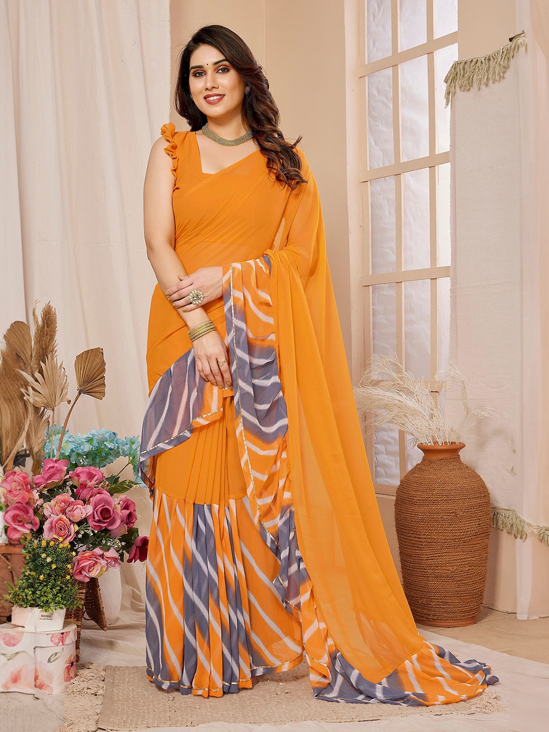 

BHARODIYA ENTERPRISES Leheriya Pure Georgette Leheriya Saree, Yellow