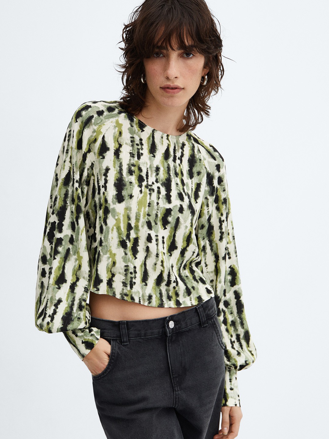

MANGO Print Bishop Sleeves Top, Olive