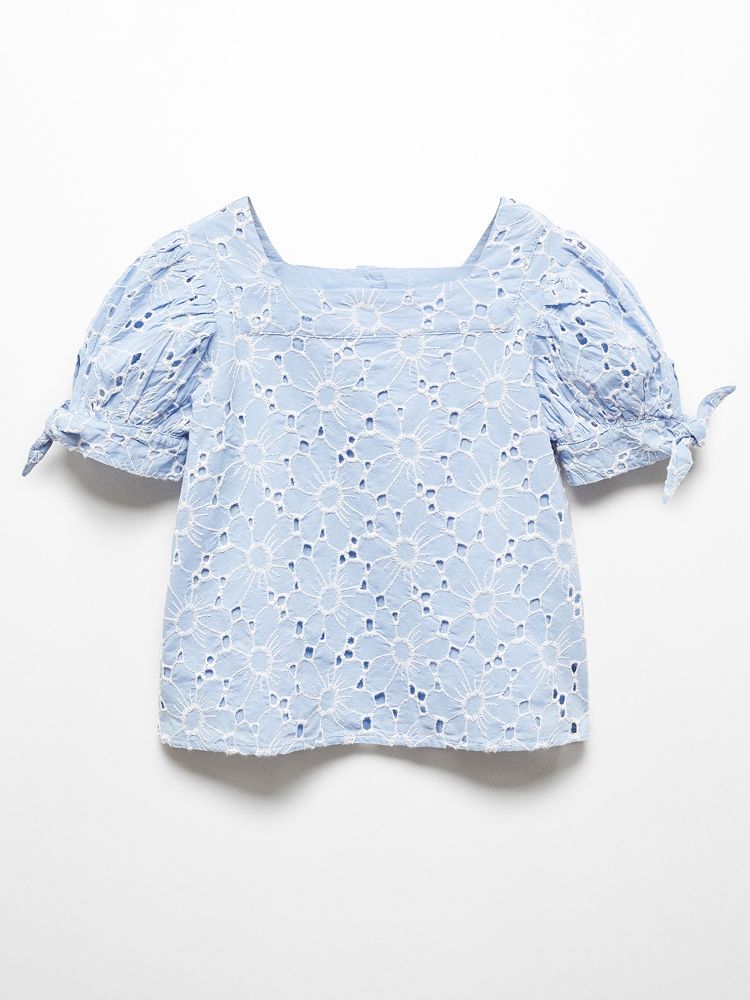 

Mango Kids Girls Schiffli Embroidered Puff Sleeve Cotton Top, Blue