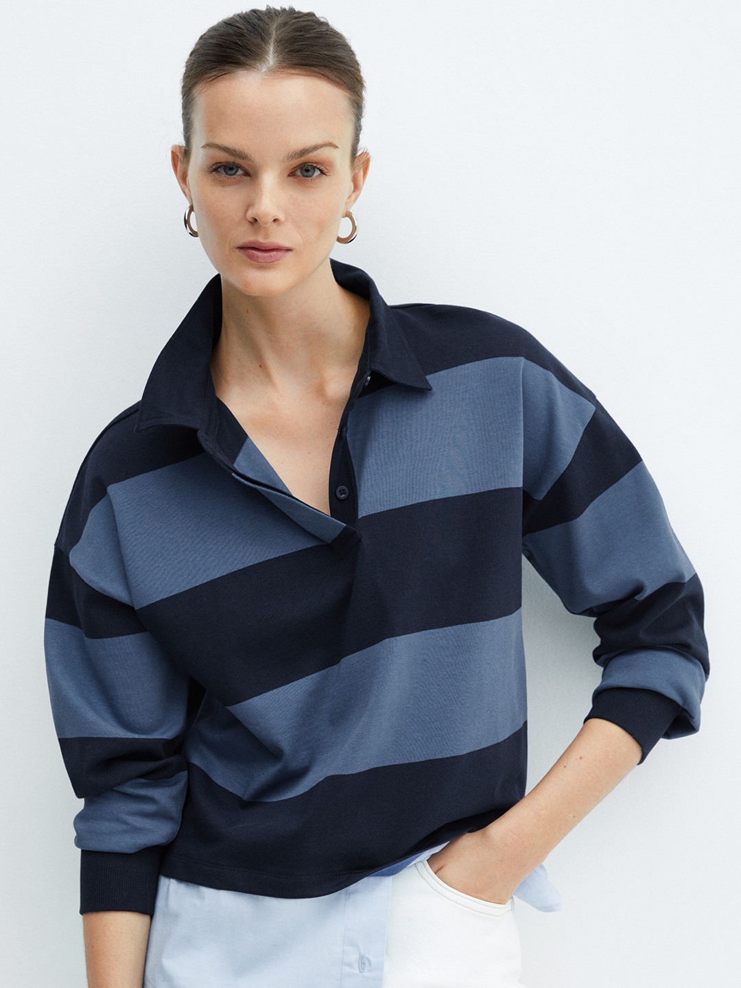 

MANGO Women Striped Polo Collar Pure Cotton T-shirt, Blue