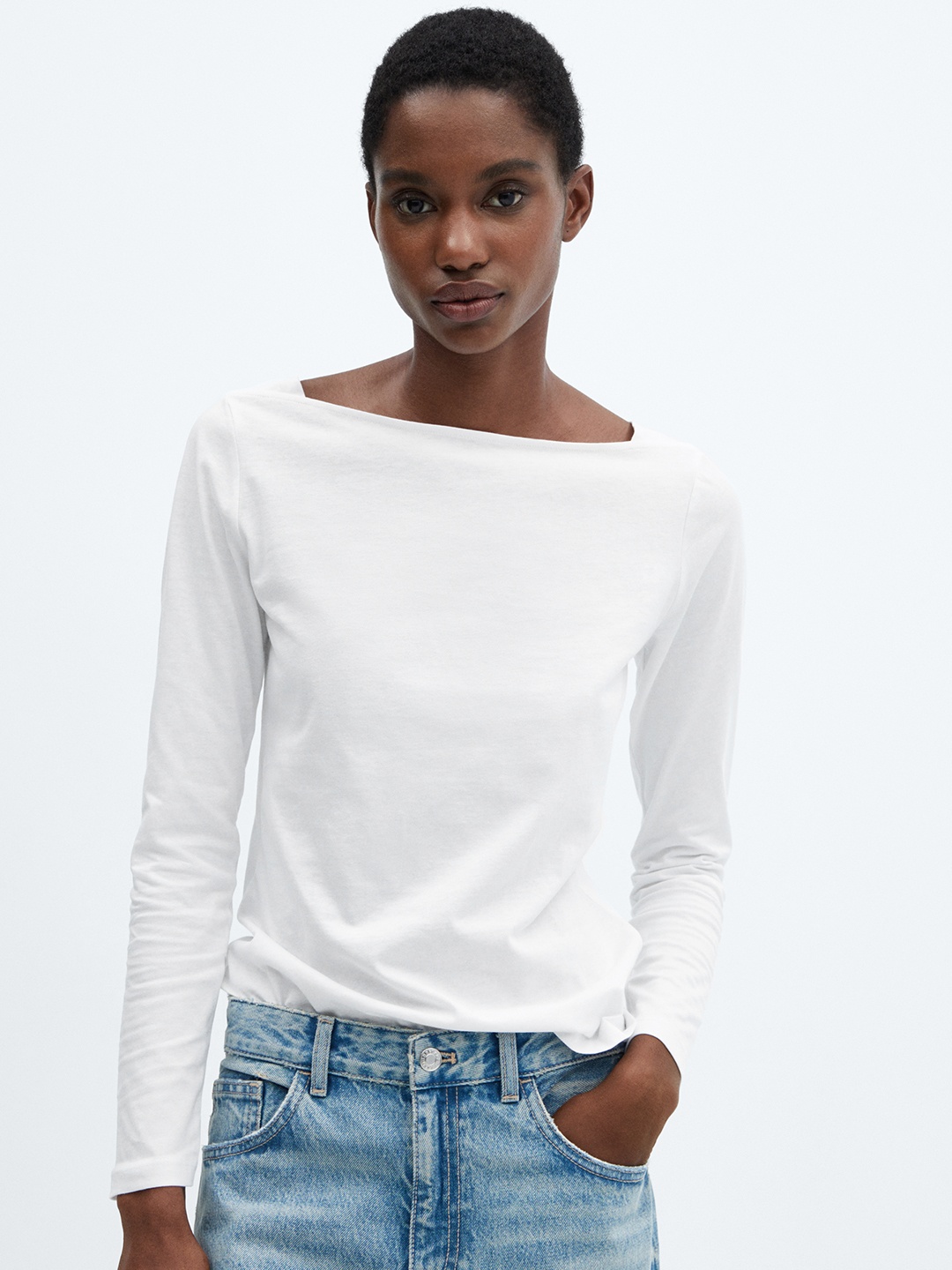 

MANGO Boat Neck Pure Cotton T-shirt, White