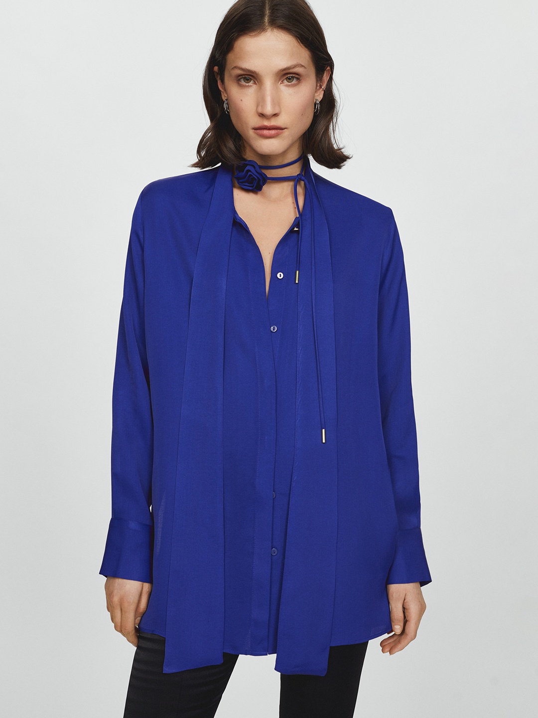 

MANGO Satin-Finish Flower Choker Shirt Style Longline Top, Blue