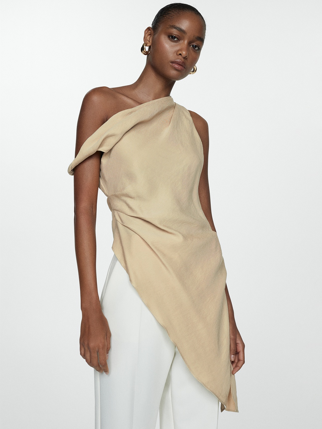 

MANGO One Shoulder Asymmetric Hem Ruched Longline Top, Beige