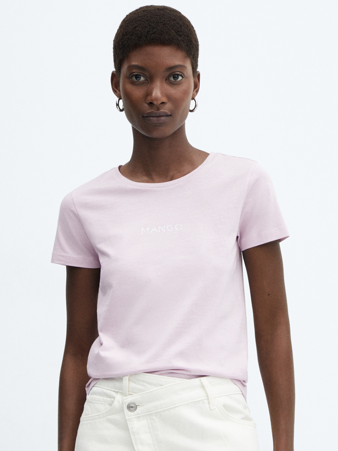 

MANGO Women Solid Pure Cotton T-shirt, Pink