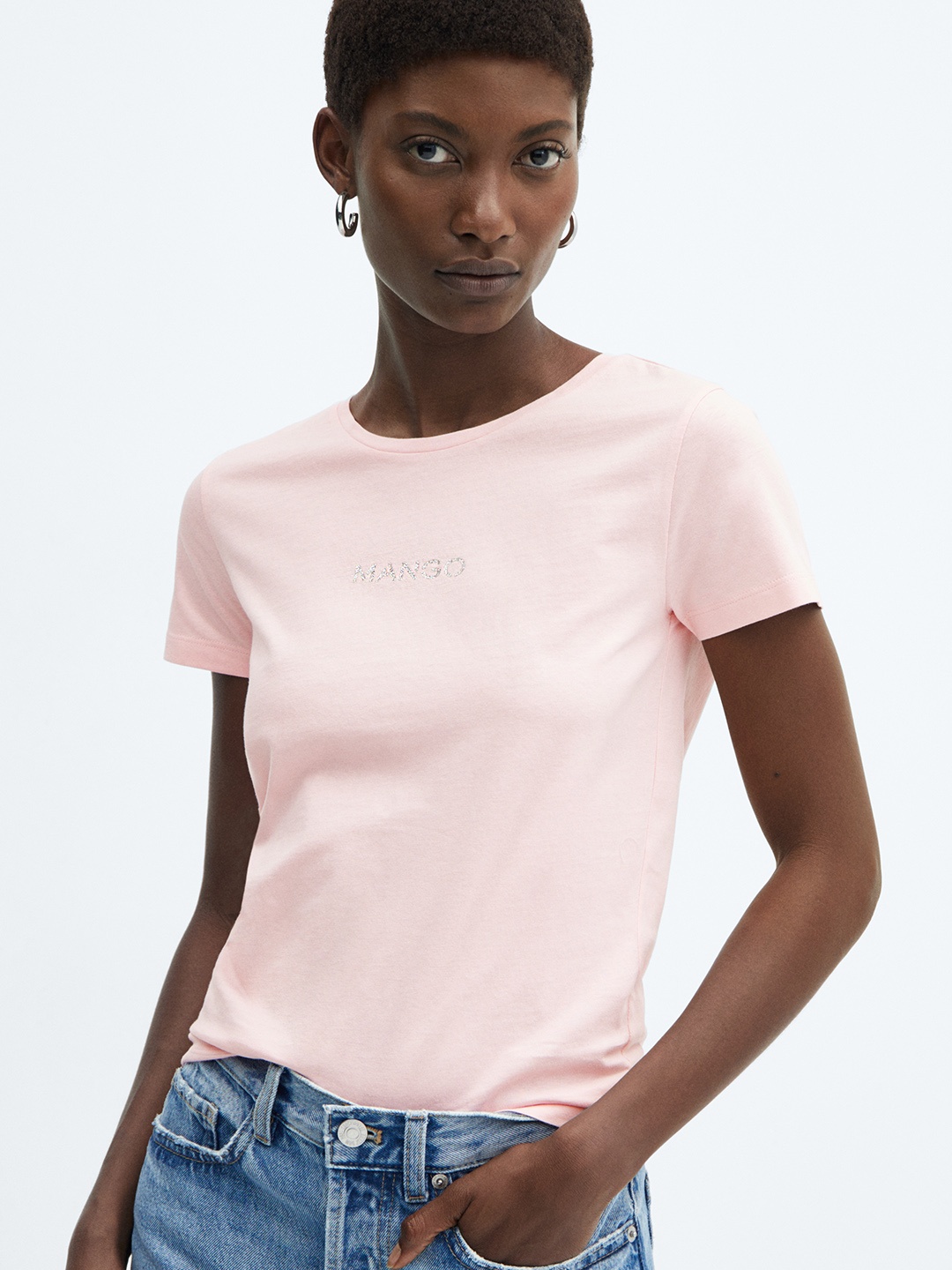 

MANGO Women Solid Pure Cotton T-shirt, Pink