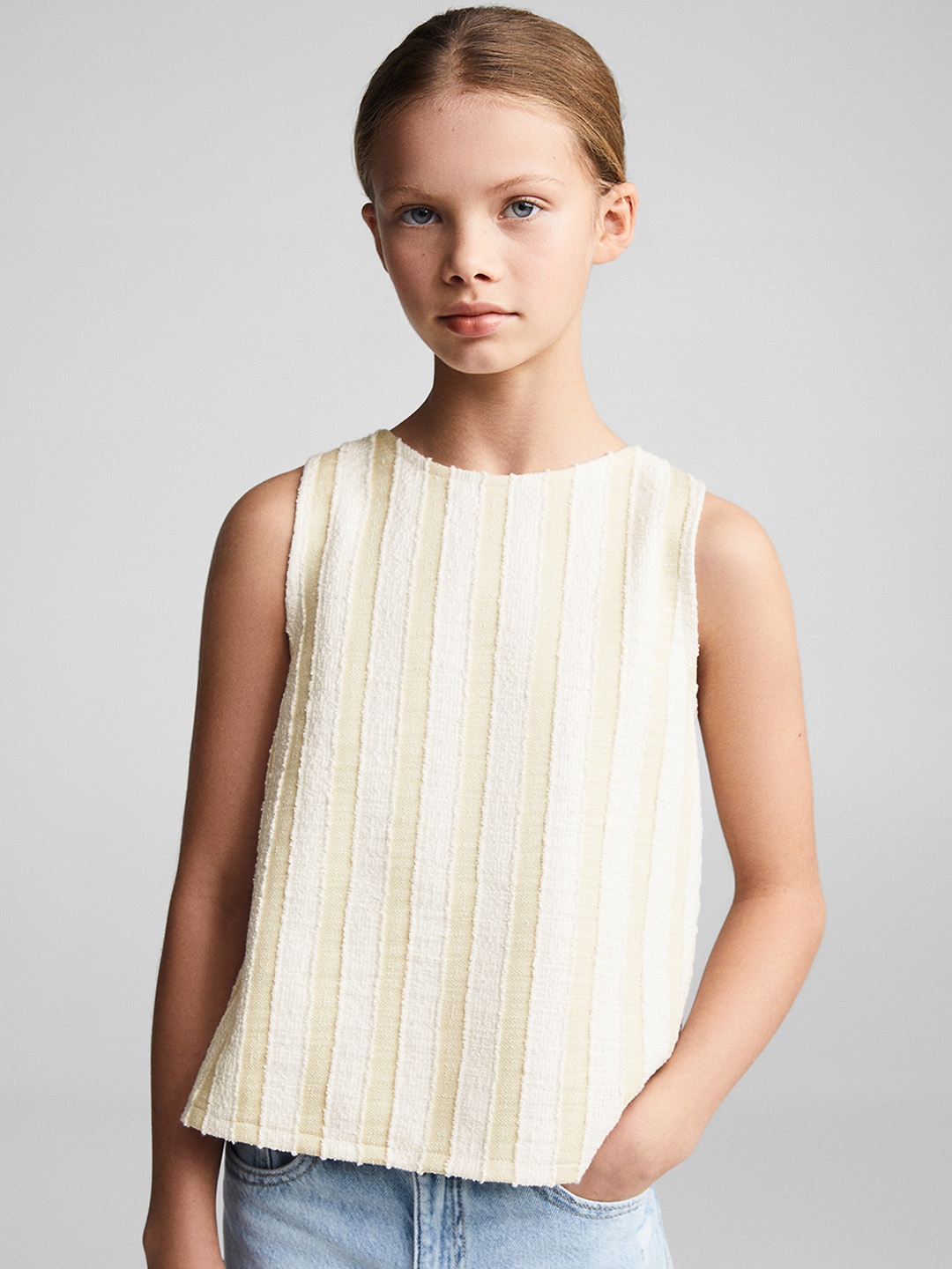 

Mango Kids Girls Striped Back Slit Textured Top, Off white