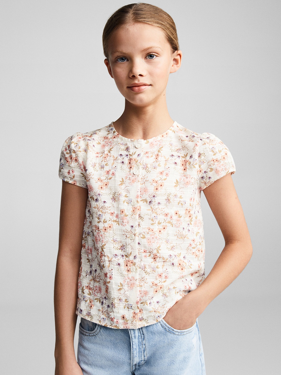 

Mango Kids Floral Print Puff Sleeves Top, Off white