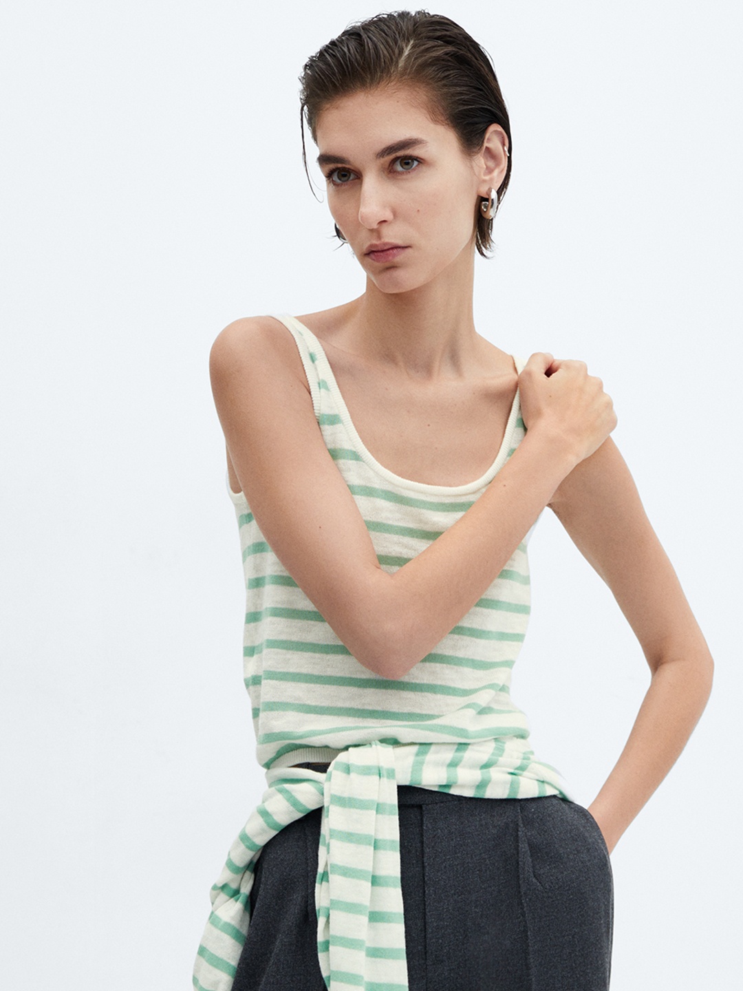 

MANGO Striped Pure Cotton Top, Off white
