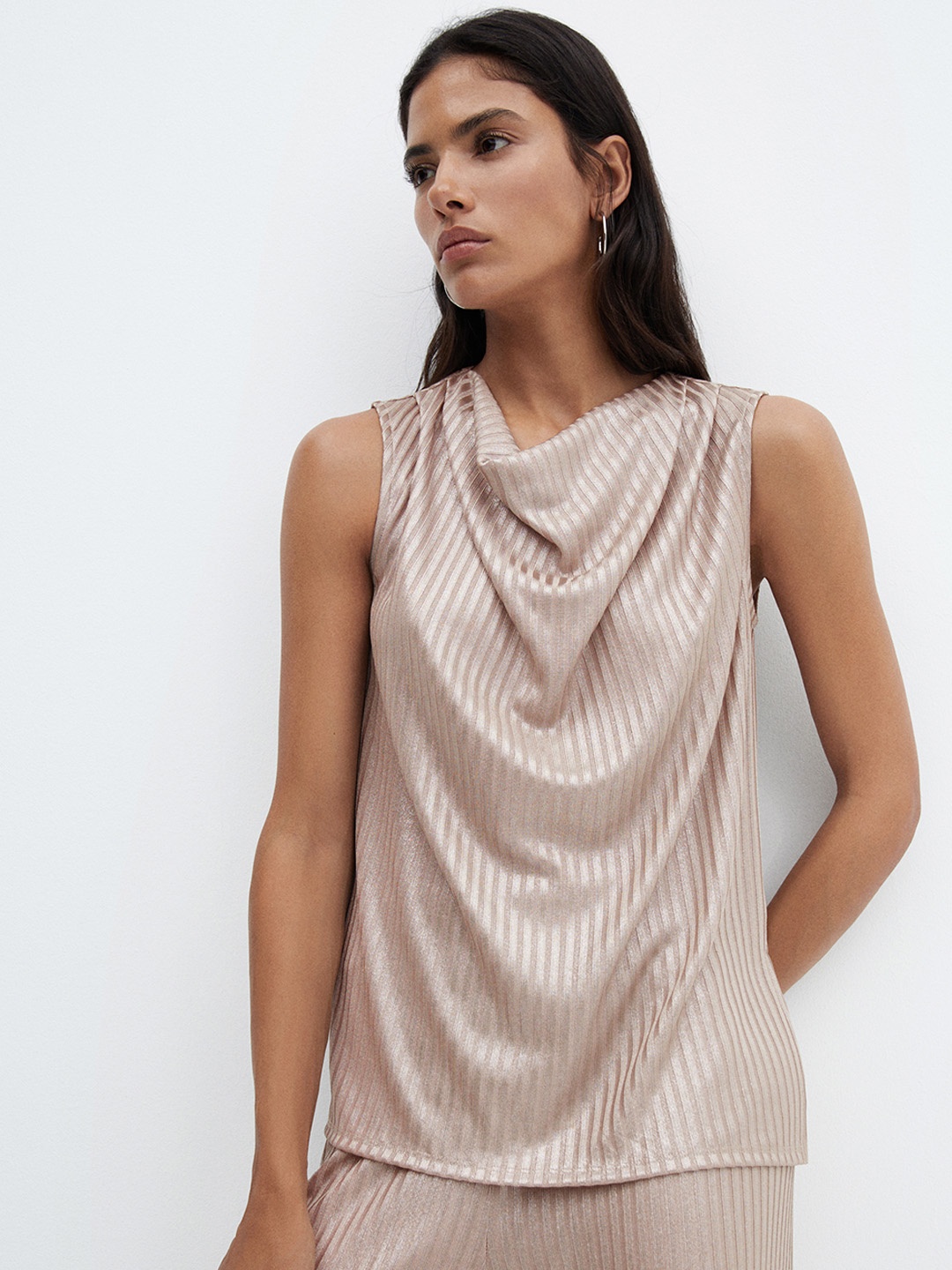 

MANGO Striped Cowl Neck Longline Top, Taupe