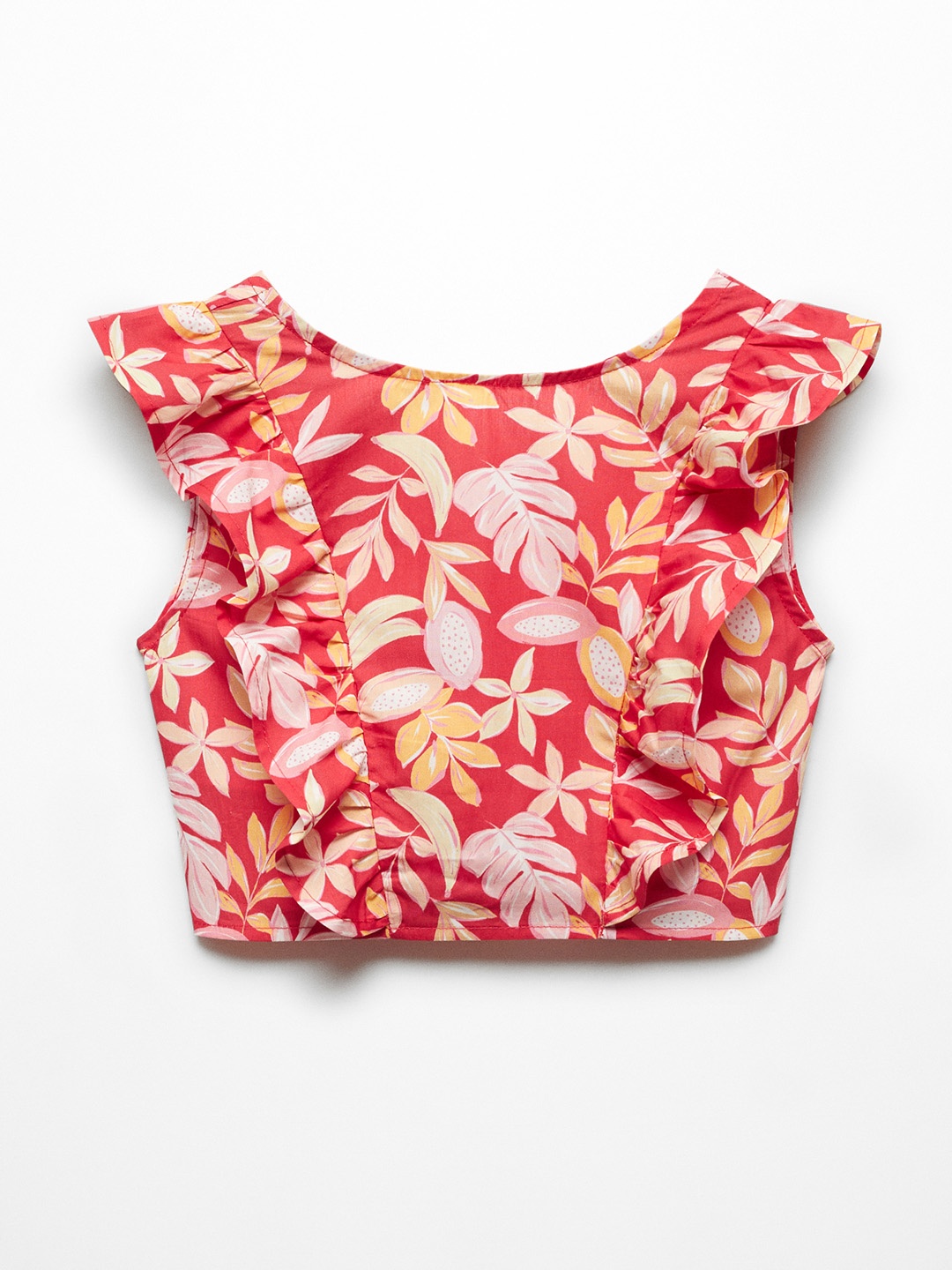 

Mango Kids Girls Floral Print Flutter Sleeve Ruffles Cotton Crop Top, Red