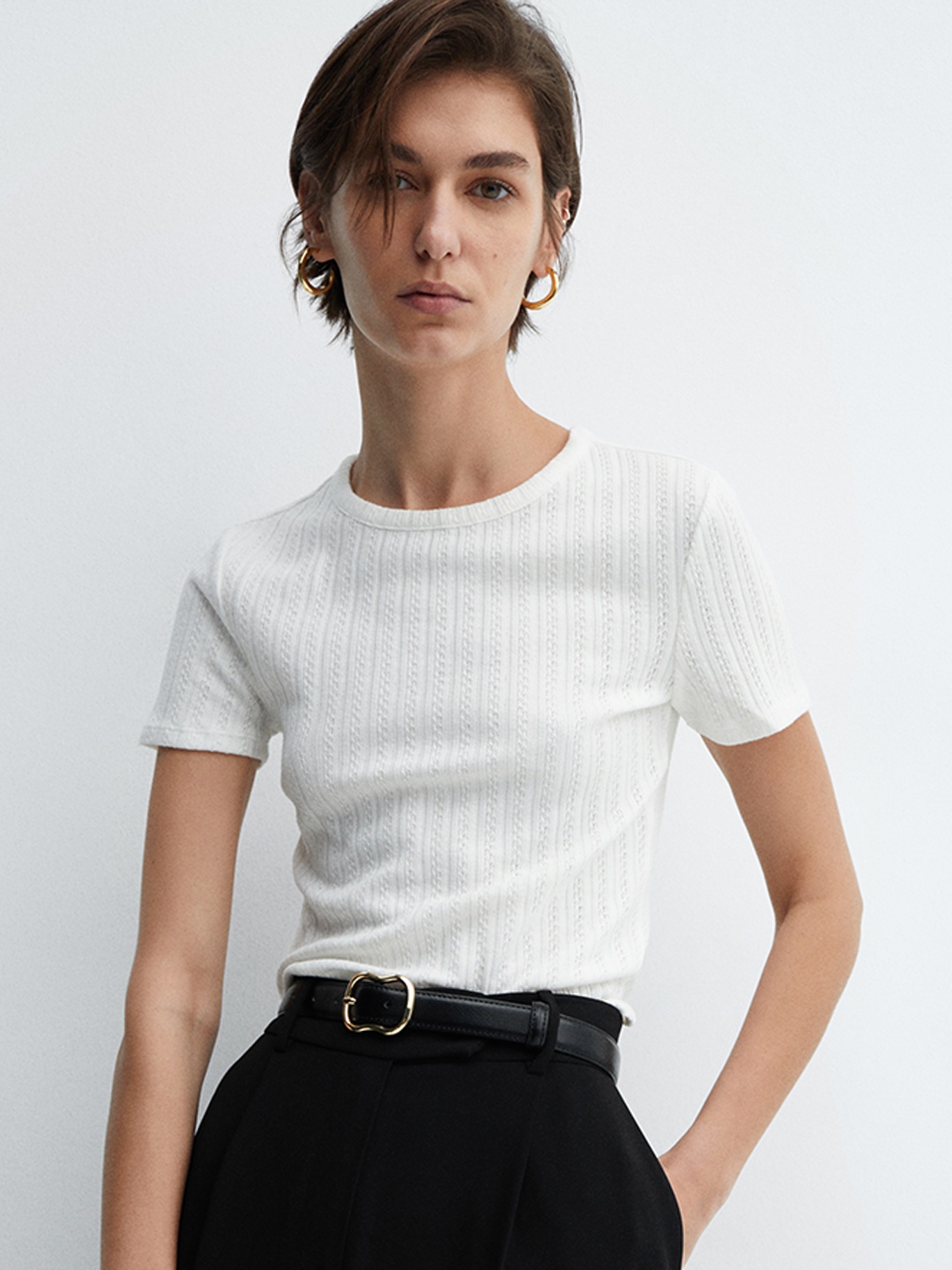 

MANGO Women Self Design T-shirt, White