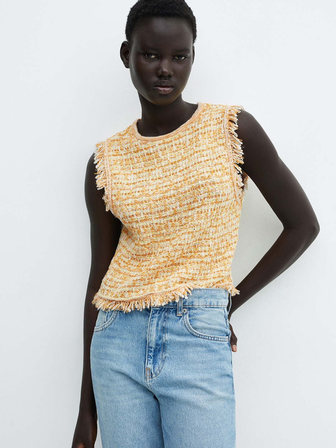 

MANGO Fringed Cotton Top, Yellow