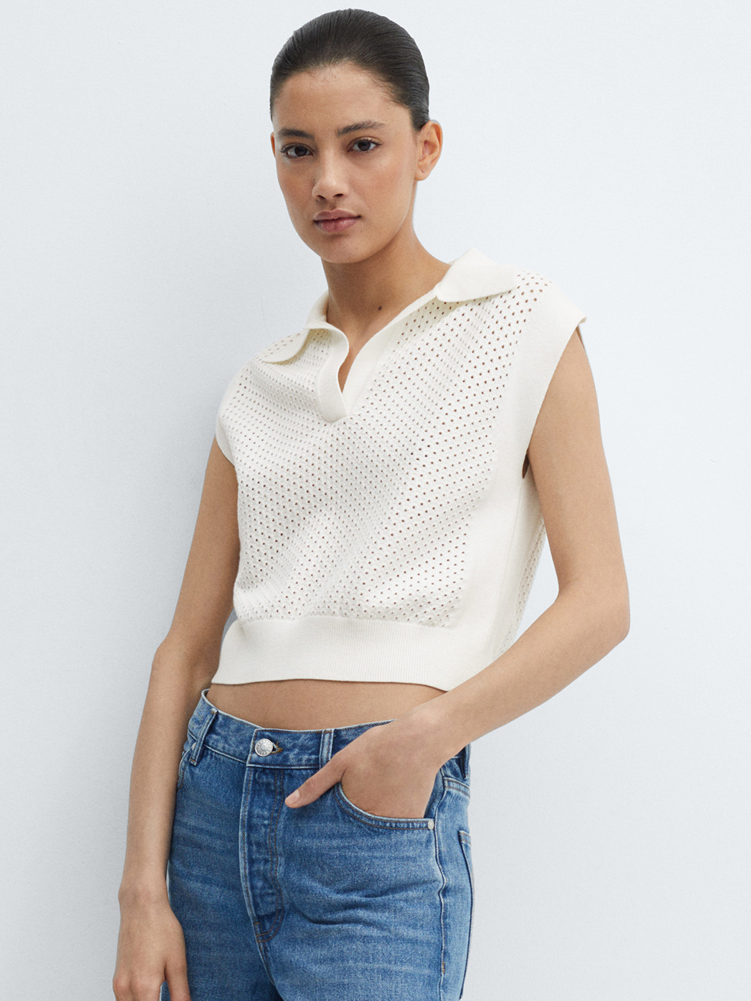 

MANGO Self Design Crop Top, White