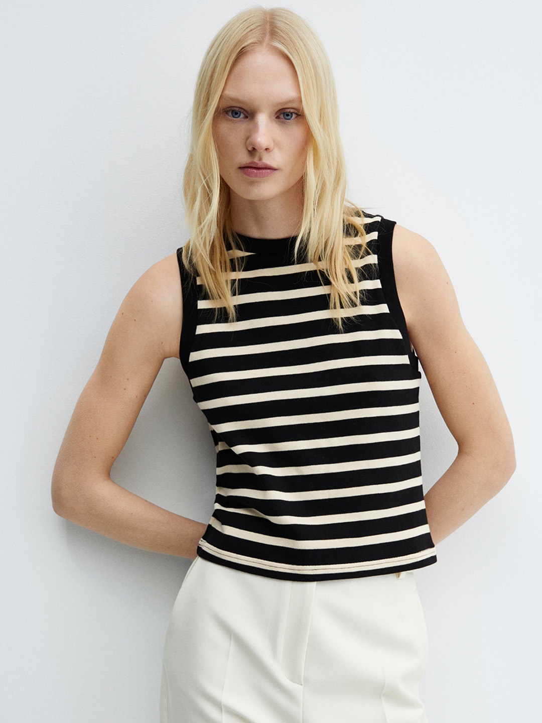 

MANGO Striped Pure Cotton Tank Top, Black