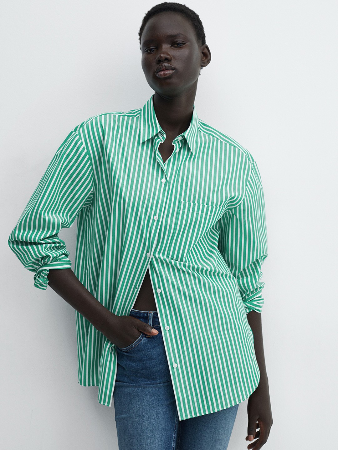 

MANGO Striped Pure Cotton Longline Casual Shirt, Green
