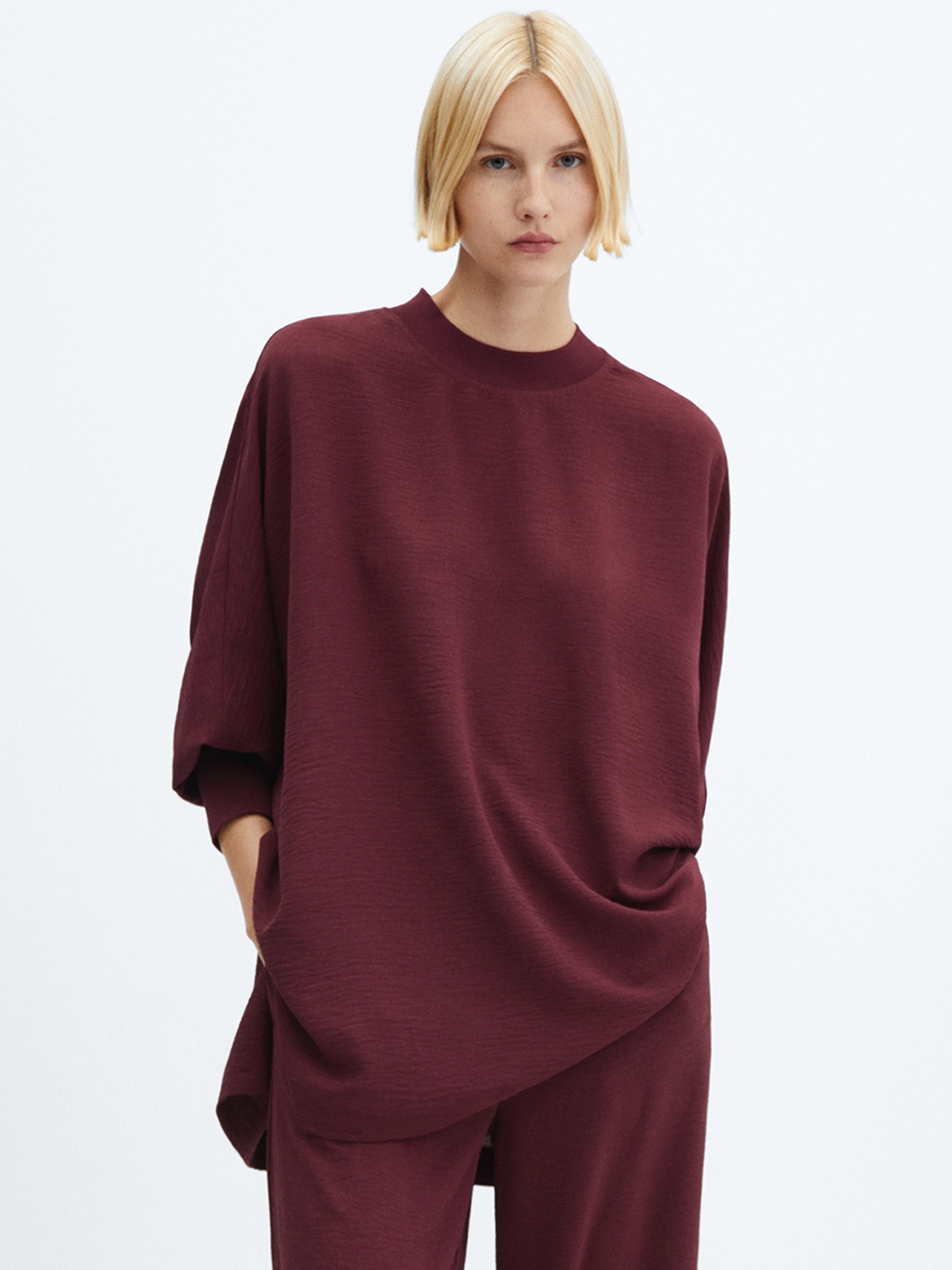 

MANGO Bishop Sleeves Longline Top, Maroon