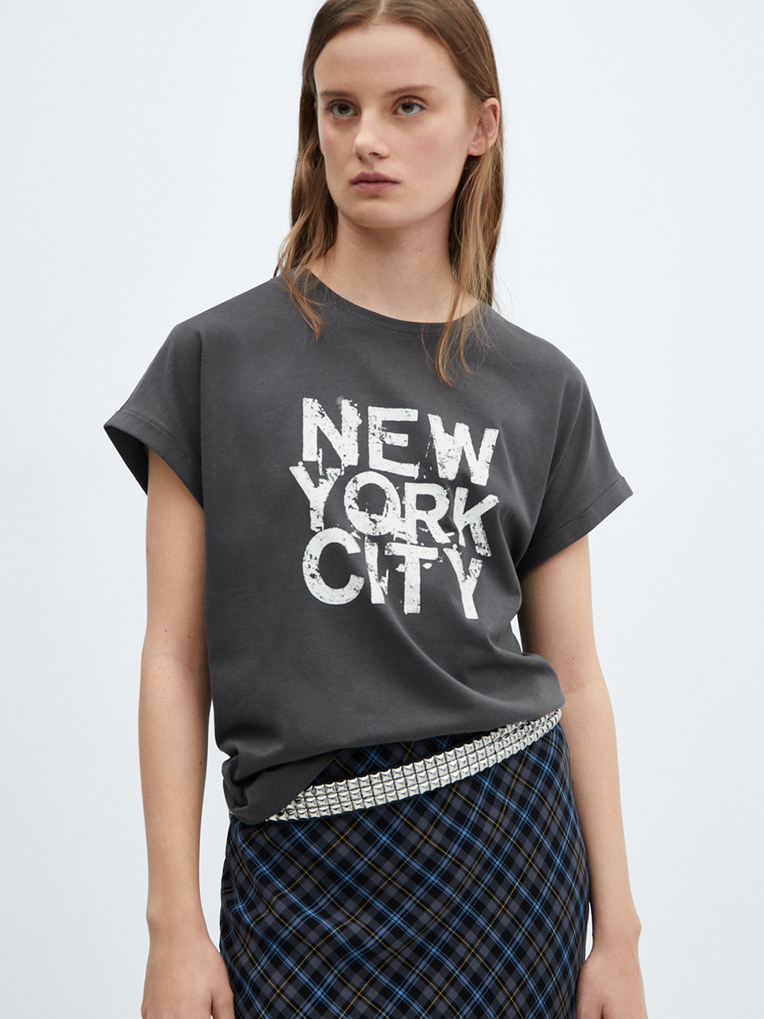 

MANGO Typography Printed Extended Sleeves T-shirt, Grey