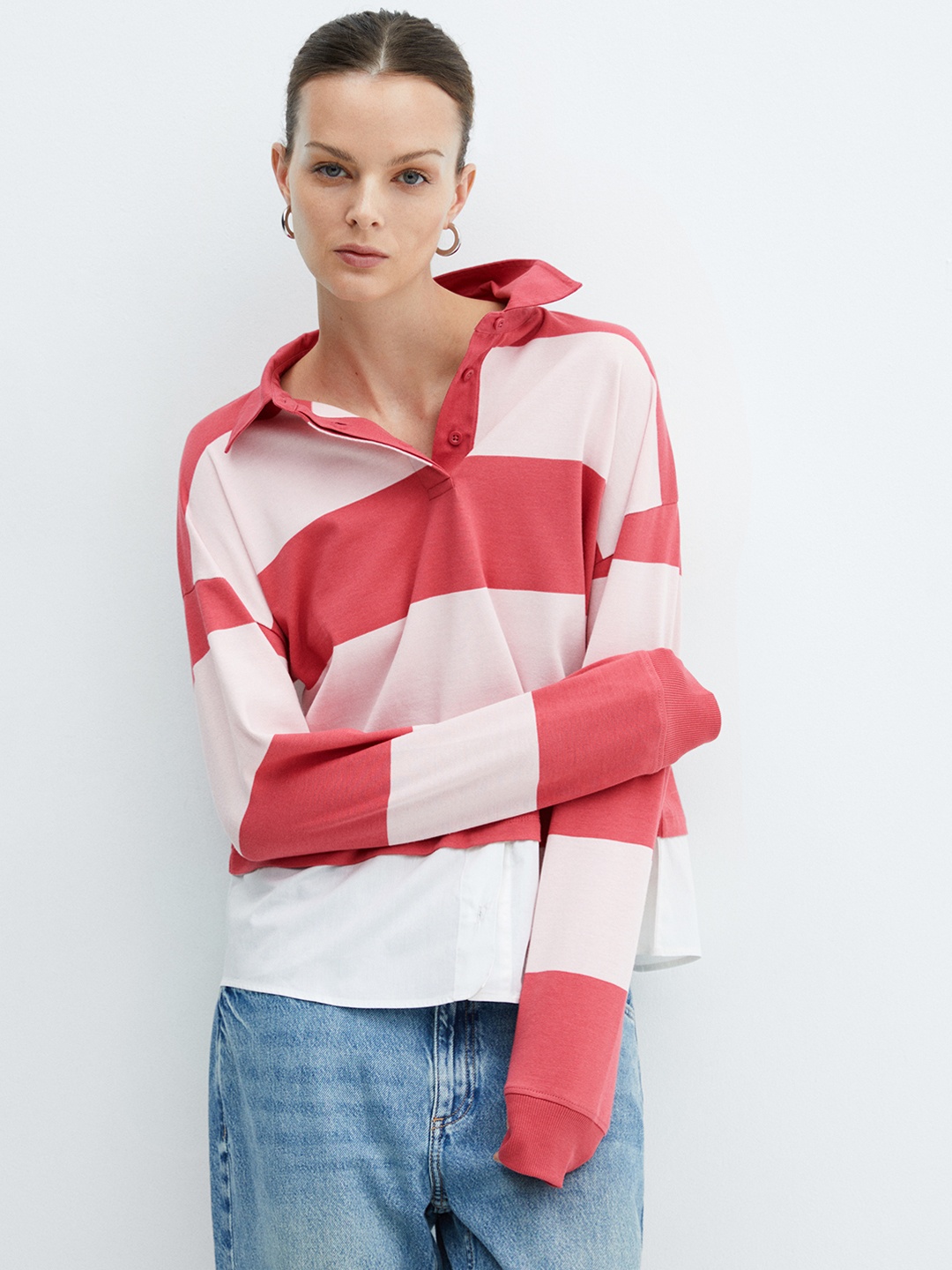

MANGO Women Striped Polo Collar Pure Cotton T-shirt, Pink