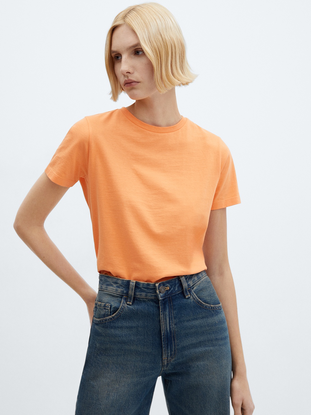

MANGO Women Solid Pure Cotton T-shirt, Orange