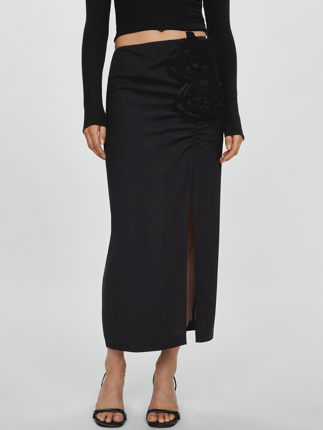 

MANGO Flower-Detail Ruched Side Slit Midi Skirt, Black