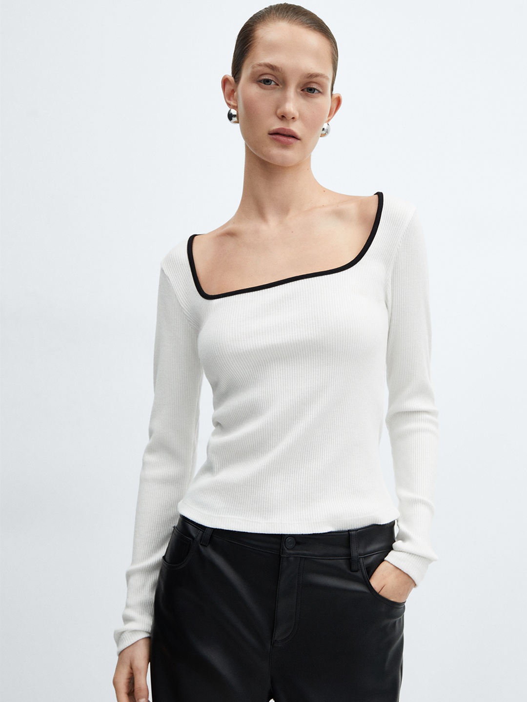 

MANGO Full Sleeves Square Neck T-shirt, White