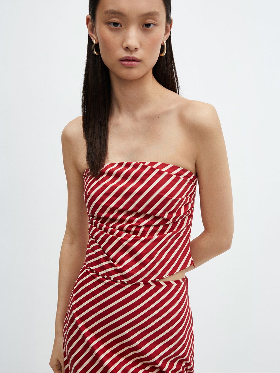 

MANGO Striped Smocked Cotton Tube Crop Top, Maroon