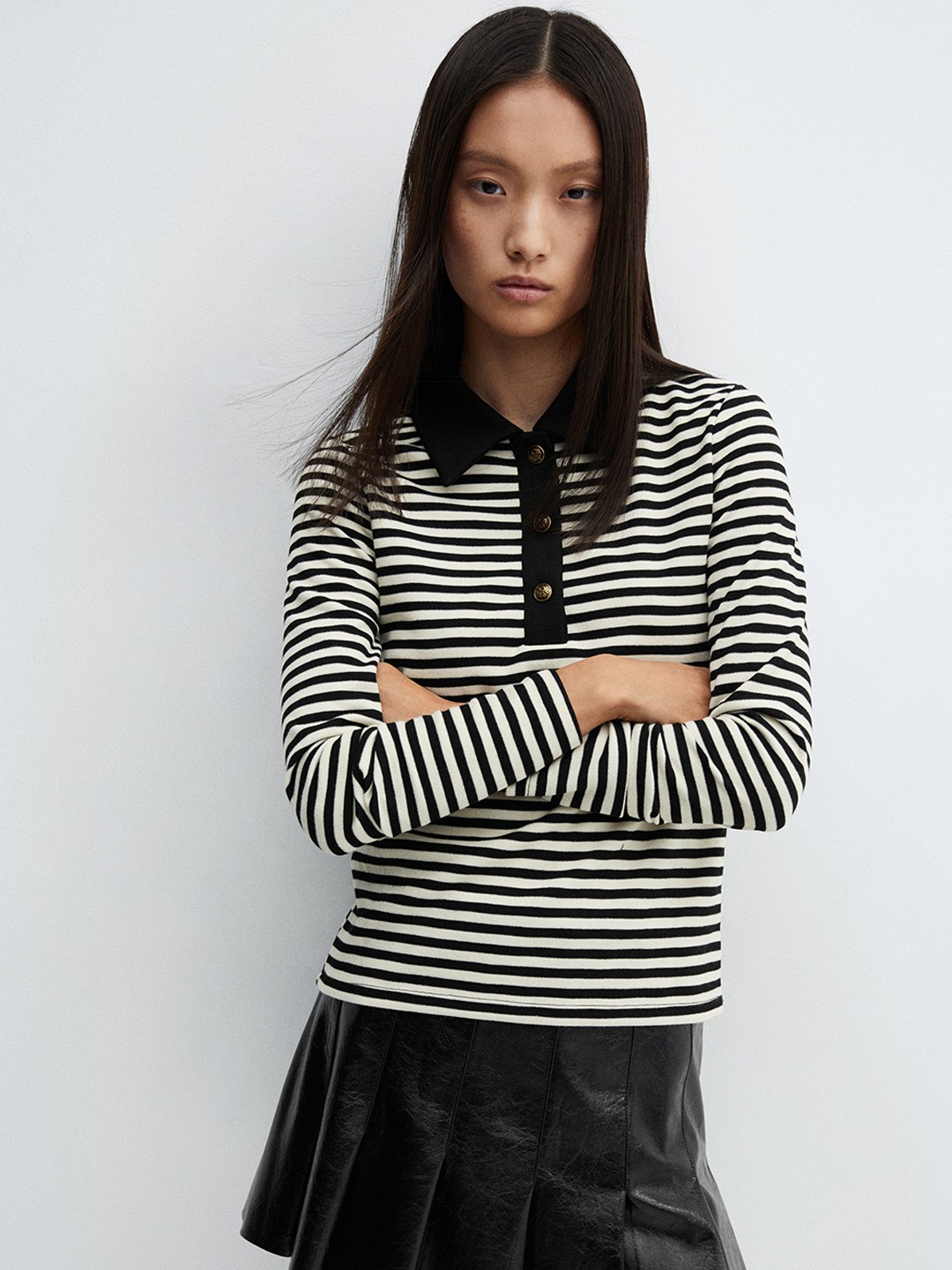 

MANGO Women Striped Polo Collar T-shirt, Black