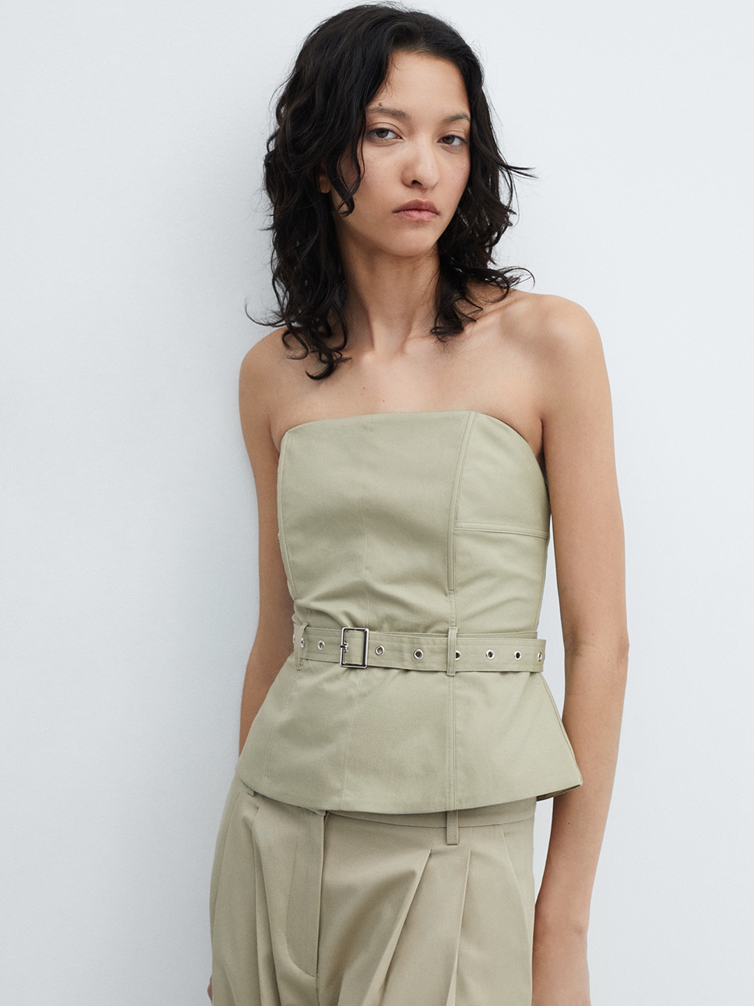 

MANGO Strapless Belted Tube Top, Grey