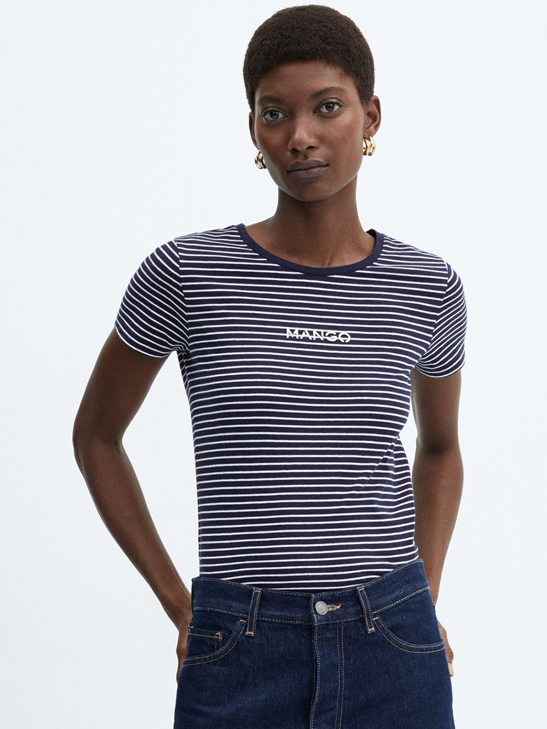 

MANGO Striped Pure Cotton T-shirt, Navy blue