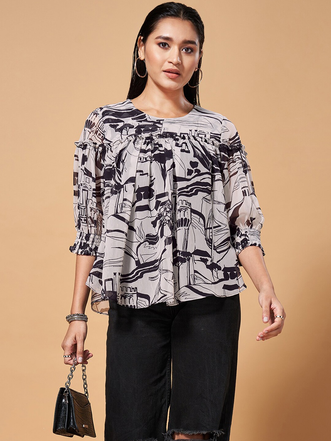 

Marigold Lane Printed Round Neck Puff Sleeves A-Line Top, White