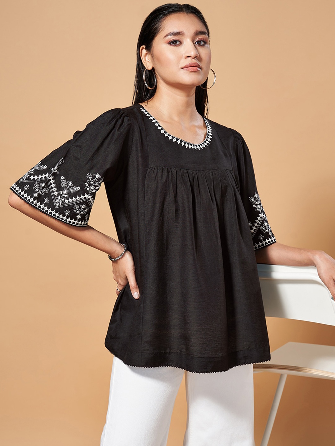 

Marigold Lane Embroidered Round Neck Bell Sleeves A-Line Top, Black
