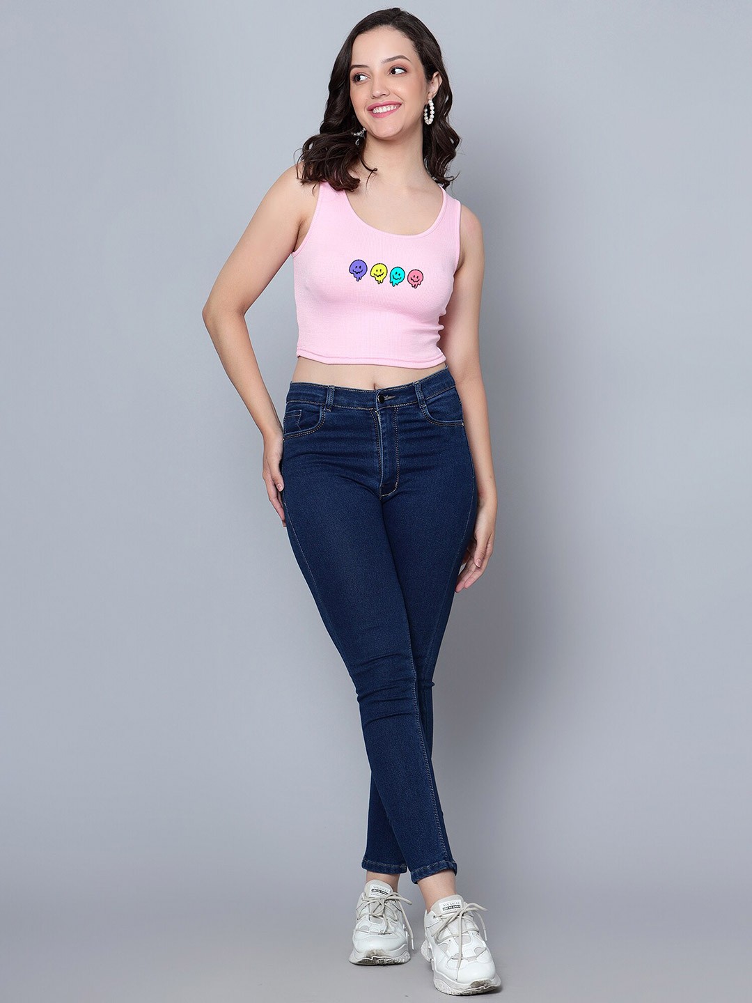 

Fashion And Youth Printed Round Neck Tank Crop Top, Pink