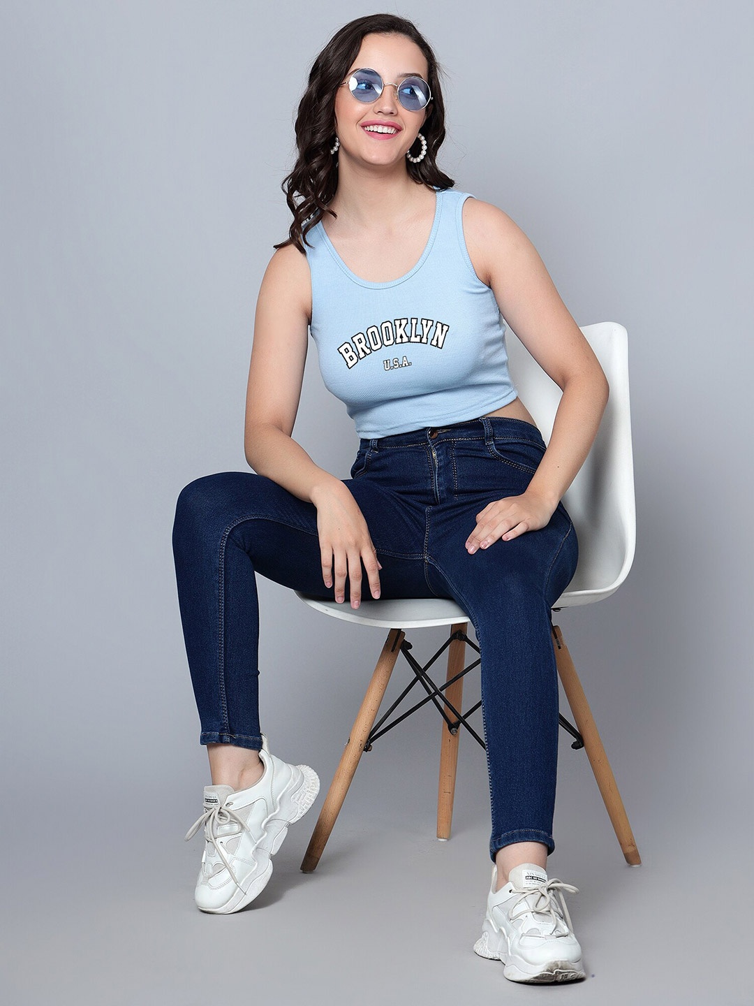 

Fashion And Youth Typography Printed Round Neck Sleeveless Fitted Crop Top, Turquoise blue