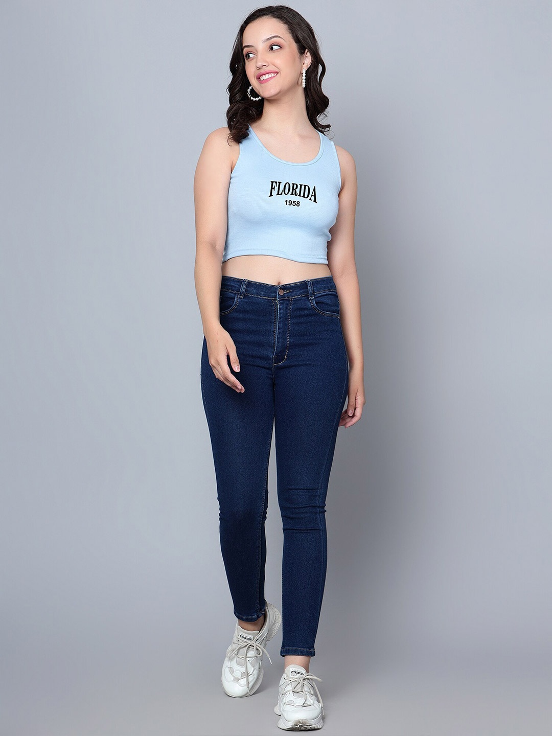 

Fashion And Youth Typography Printed Round Neck Sleeveless Crop Top, Turquoise blue