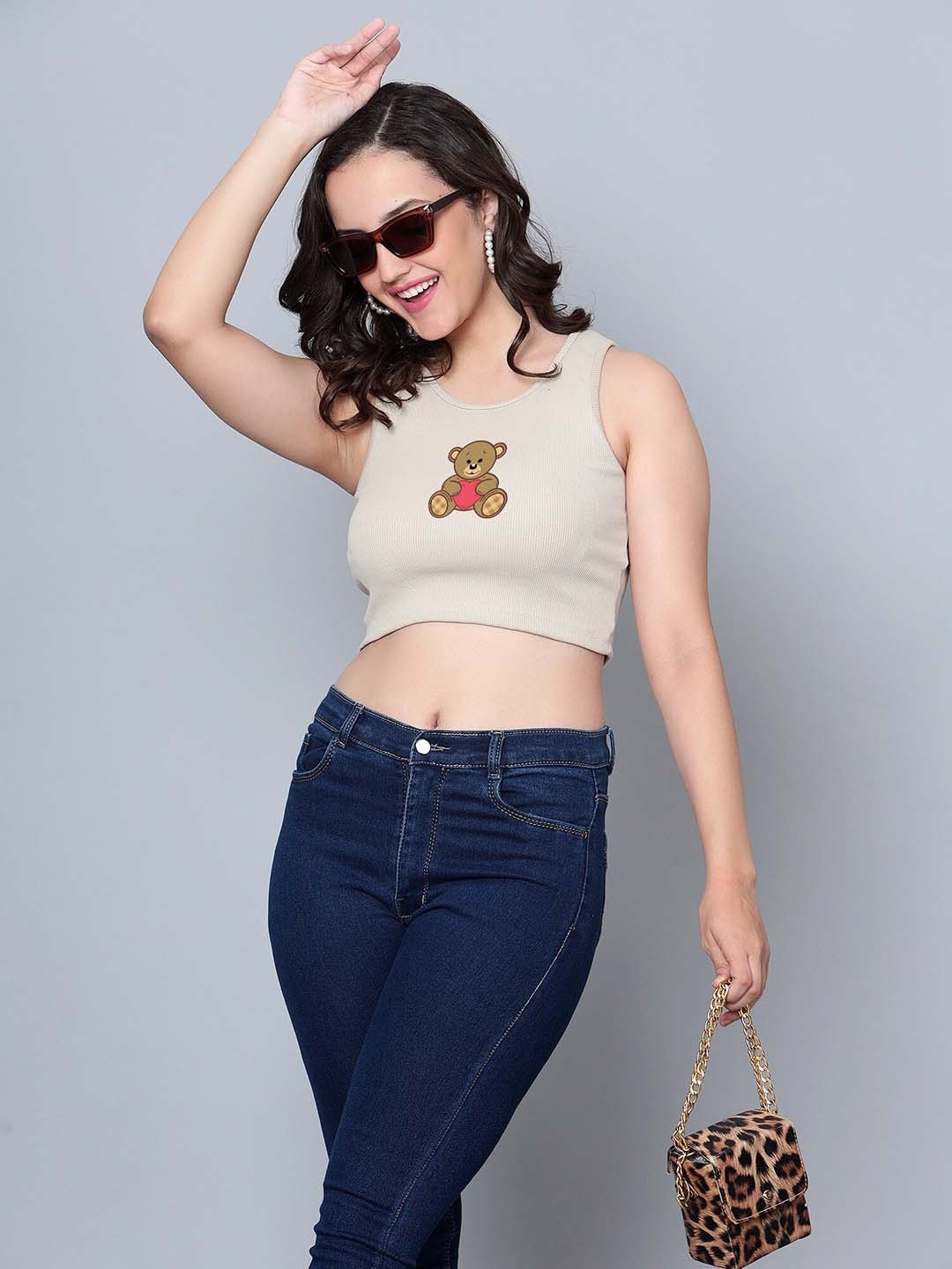 

Fashion And Youth Round Neck Ribbed Crop Tank Top, Beige
