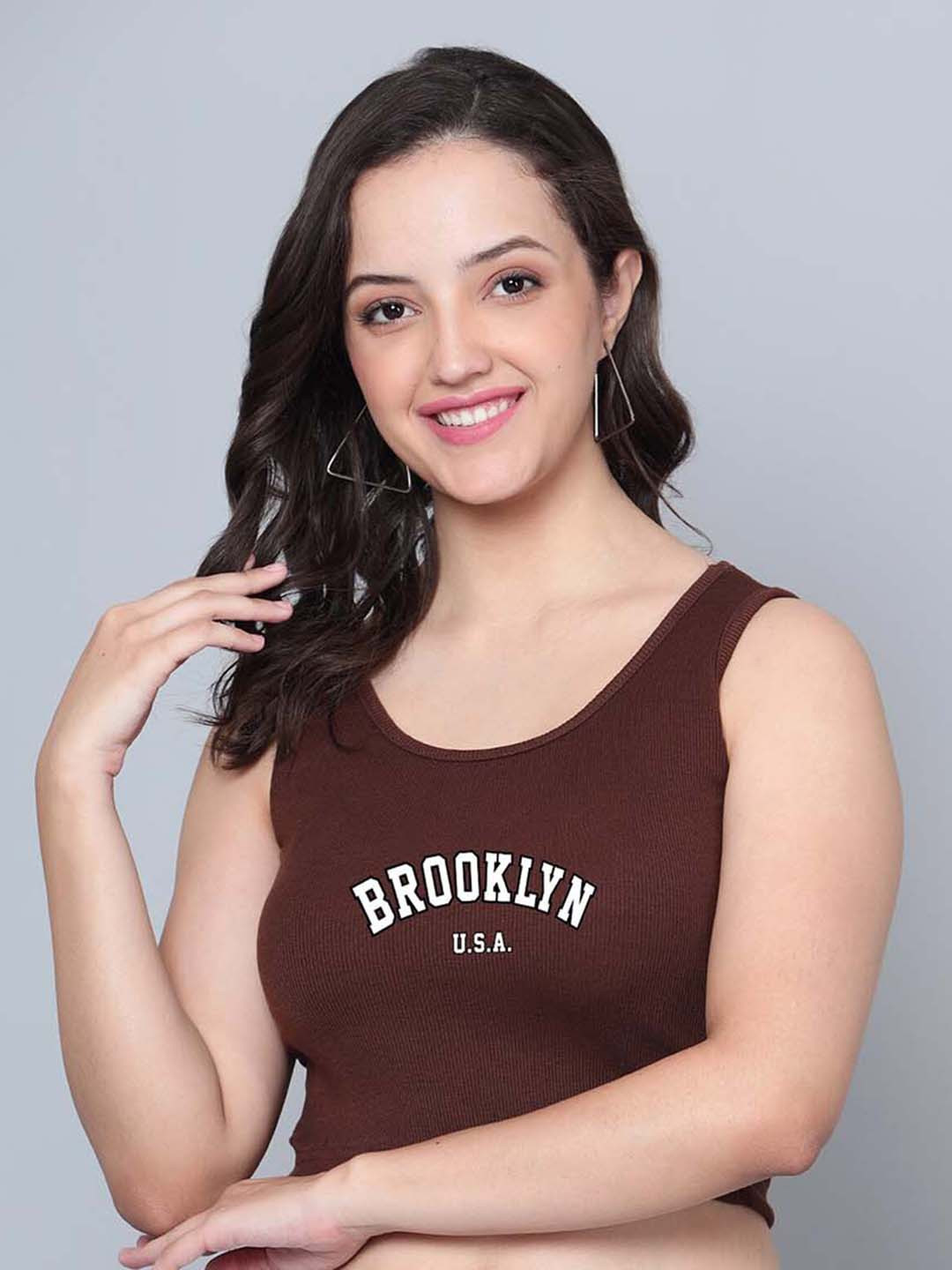 

Fashion And Youth Typography Printed Crop Top, Coffee brown