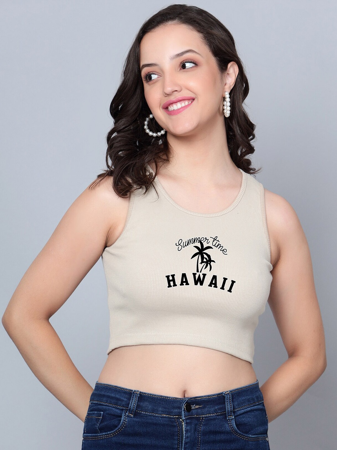 

Fashion And Youth Typography Printed Crop Top, Beige