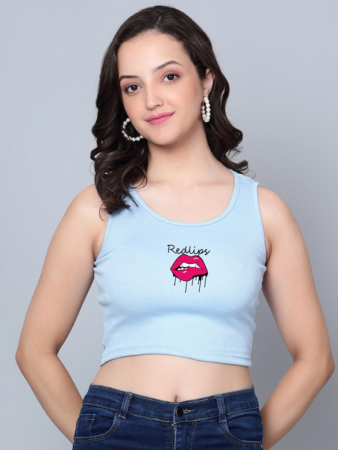 

Fashion And Youth Graphic Printed Round Neck Tank Crop Top, Turquoise blue