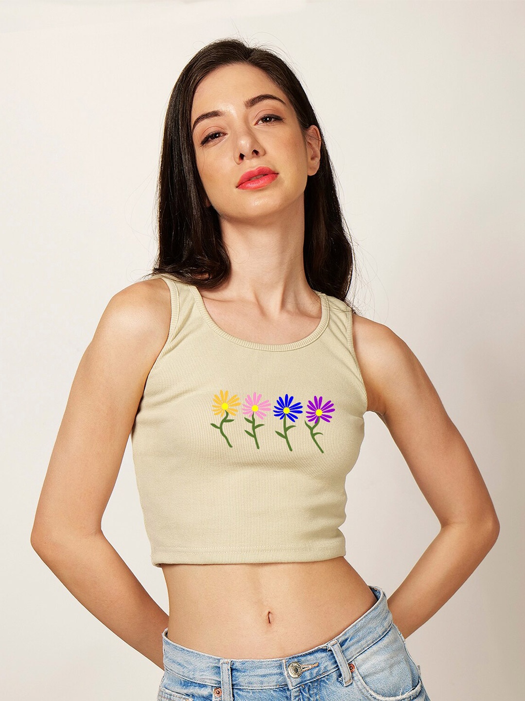 

Fashion And Youth Floral Printed Ribbed Fitted Crop Top, Beige