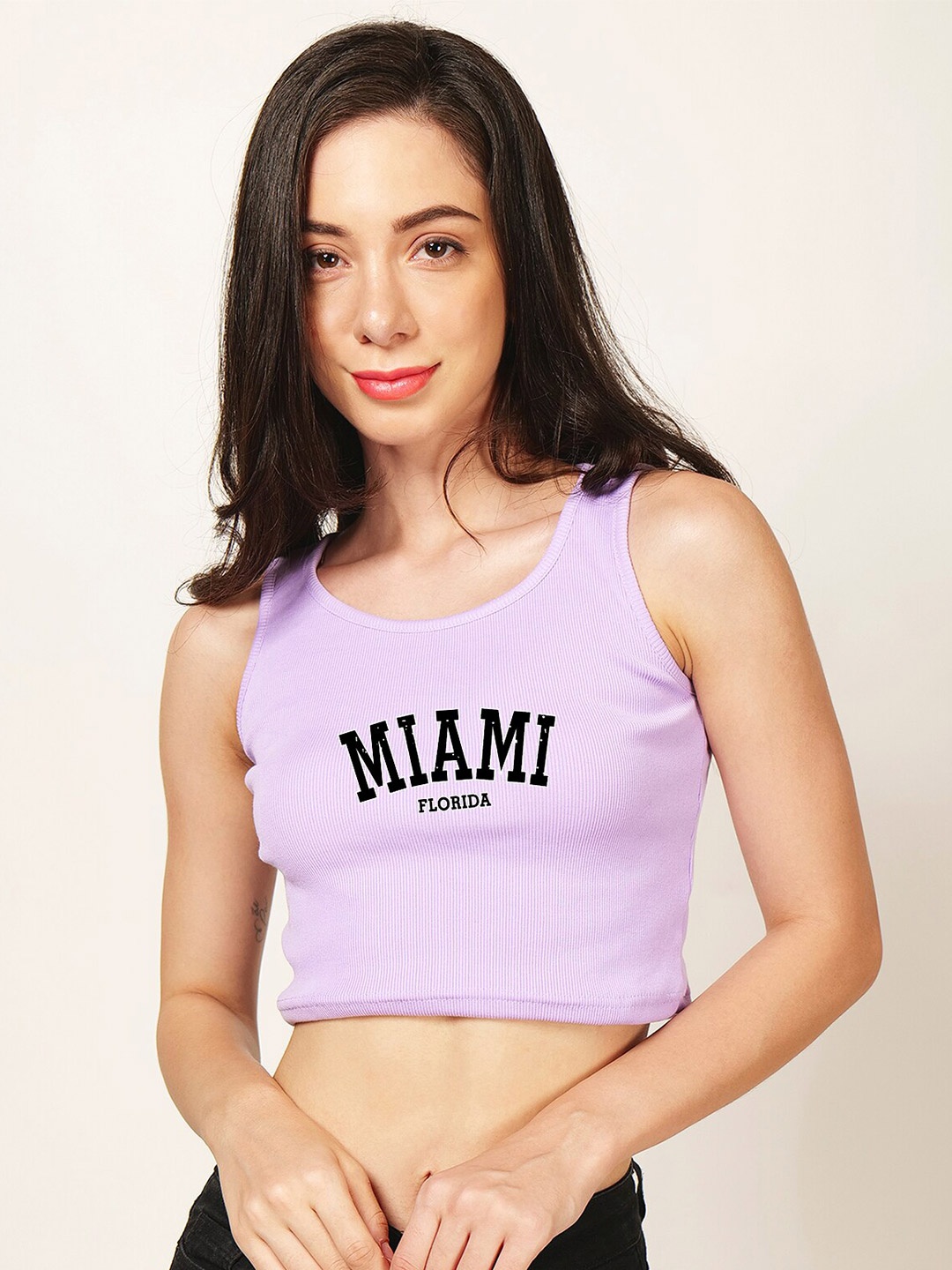 

Fashion And Youth Typography Printed Ribbed Fitted Crop Top, Lavender