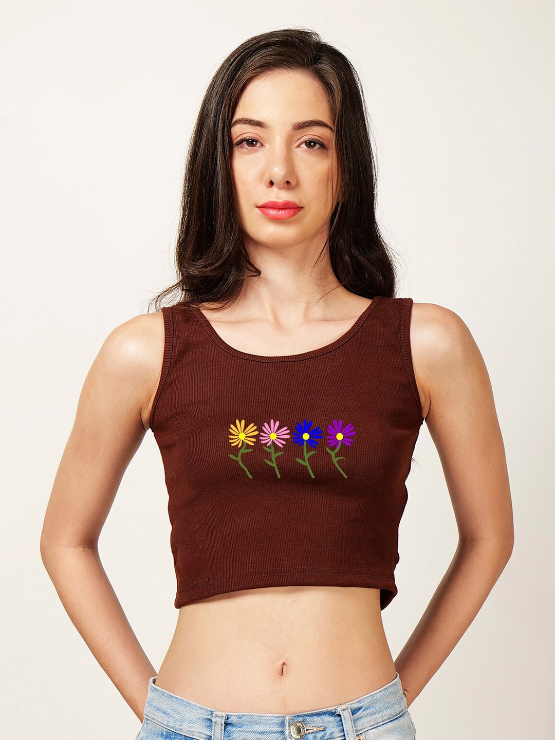 

Fashion And Youth Floral Printed Ribbed Fitted Crop Top, Coffee brown