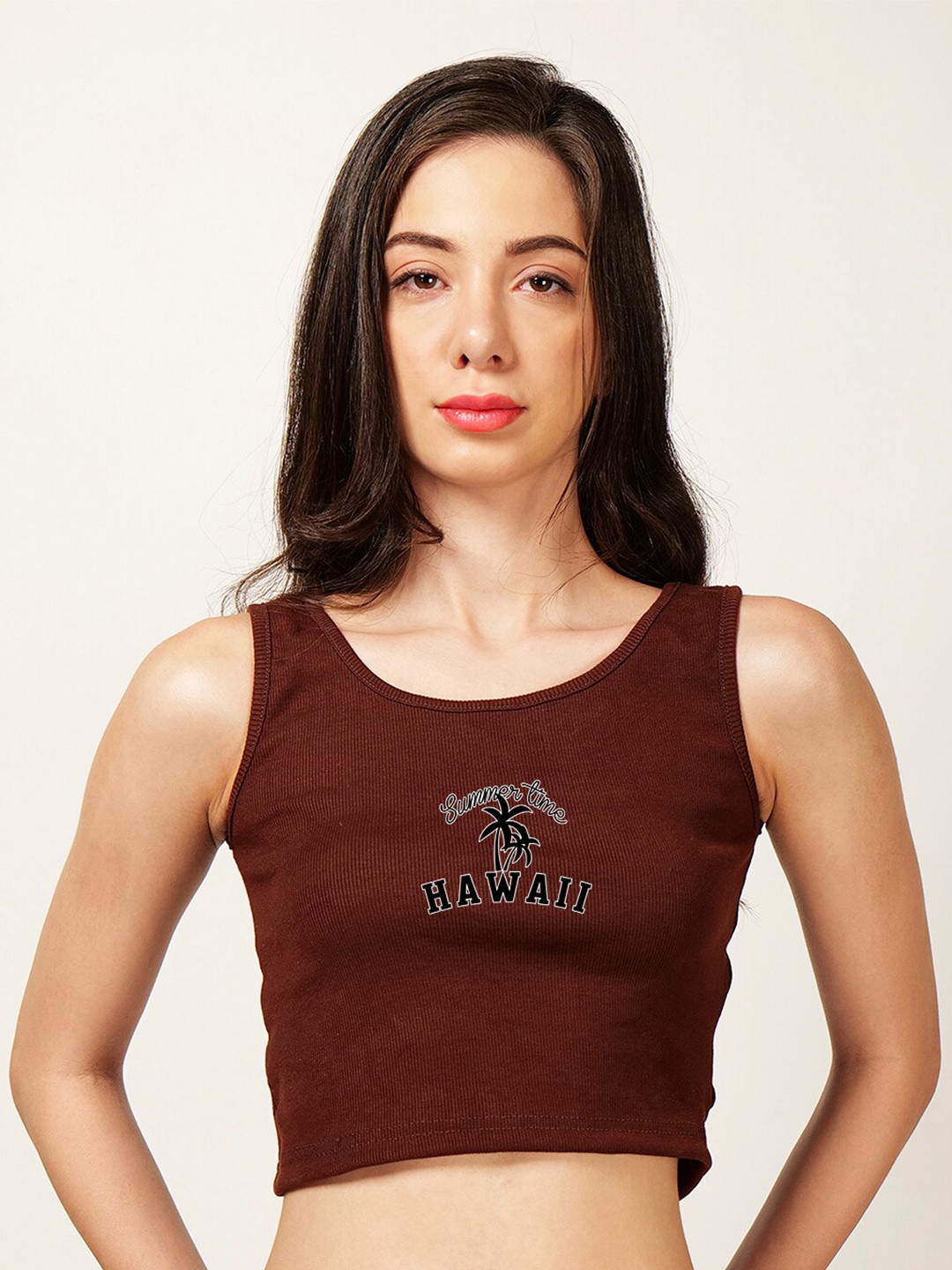 

Fashion And Youth Typography Printed Fitted Crop Top, Coffee brown