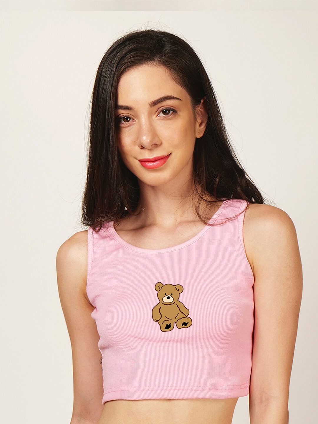 

Fashion And Youth Graphic Printed Round Neck Sleeveless Cotton Crop Top, Pink